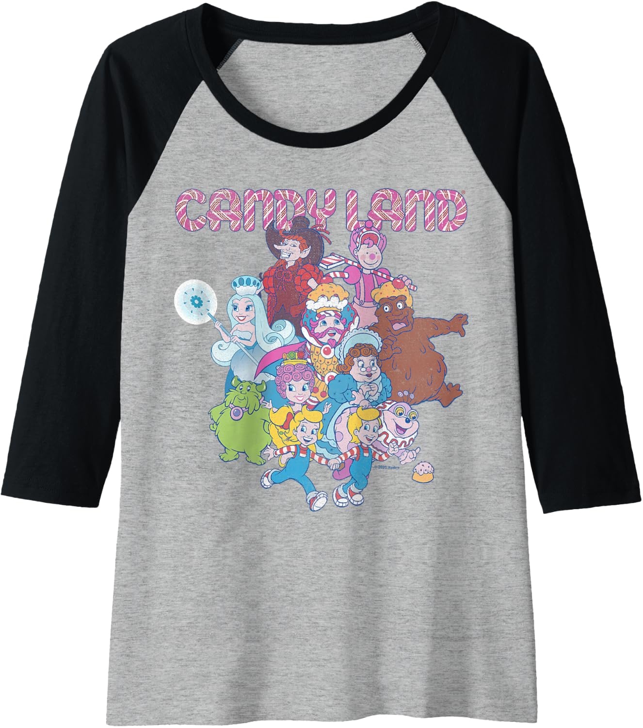 image:imageCandy Land Retro Game Characters Group Shot Logo Raglan Baseball TeeBlackAthletic Heather