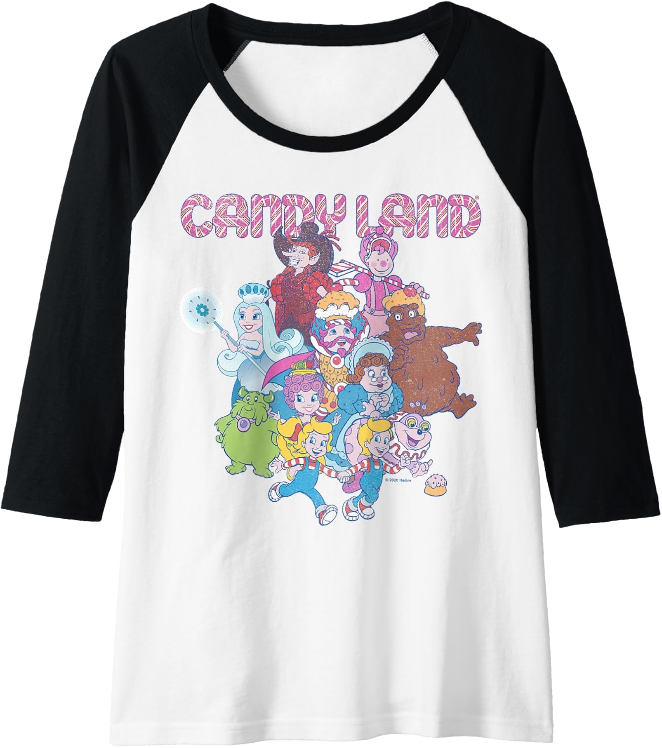 image:imageCandy Land Retro Game Characters Group Shot Logo Raglan Baseball TeeBlackWhite
