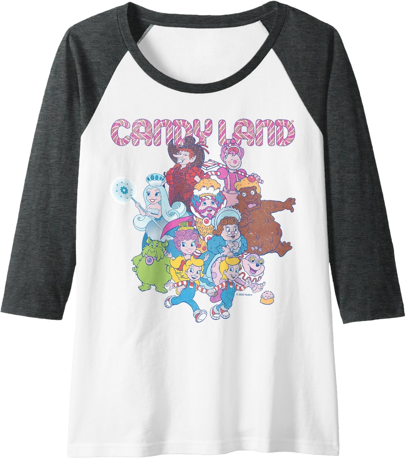 image:imageCandy Land Retro Game Characters Group Shot Logo Raglan Baseball TeeDark Heather GreyWhite