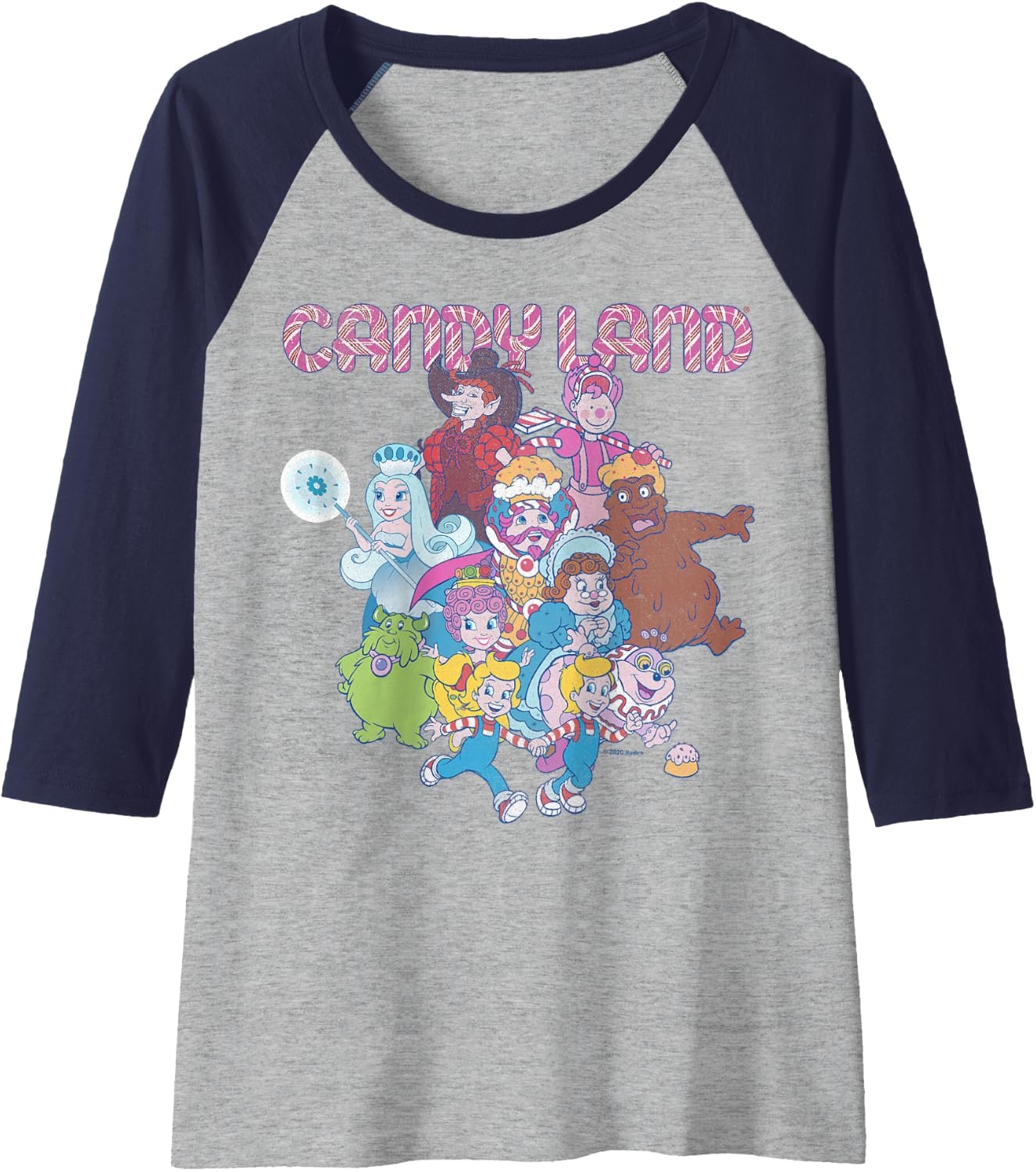 image:imageCandy Land Retro Game Characters Group Shot Logo Raglan Baseball TeeNavy BlueAthletic Heather