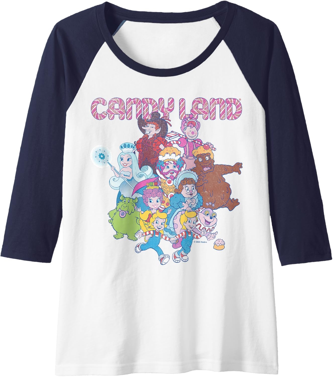 image:imageCandy Land Retro Game Characters Group Shot Logo Raglan Baseball TeeNavy BlueWhite