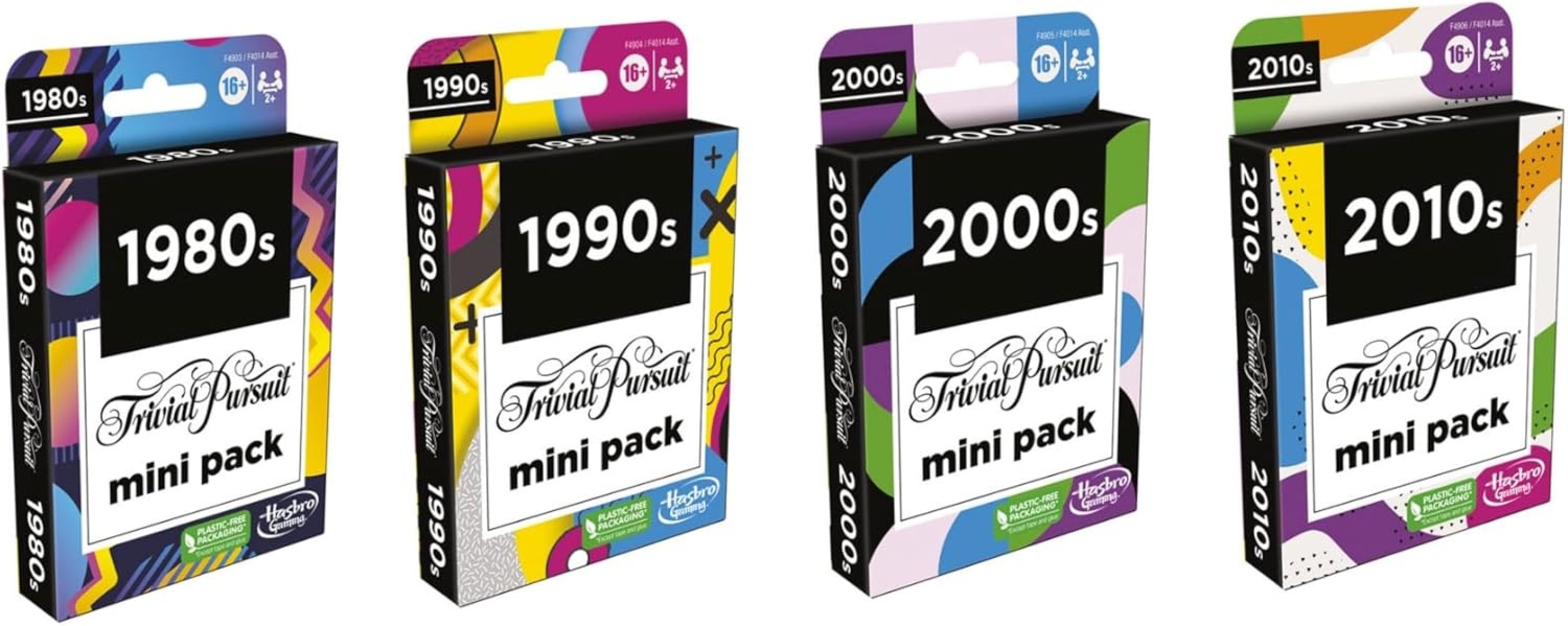 image:imageHasbro Games Trivial Pursuit Mini Packs Multipack Fun Trivia Questions for Adults and Teens Ages 16 Includes 4 Game Featuring 4 Decades
