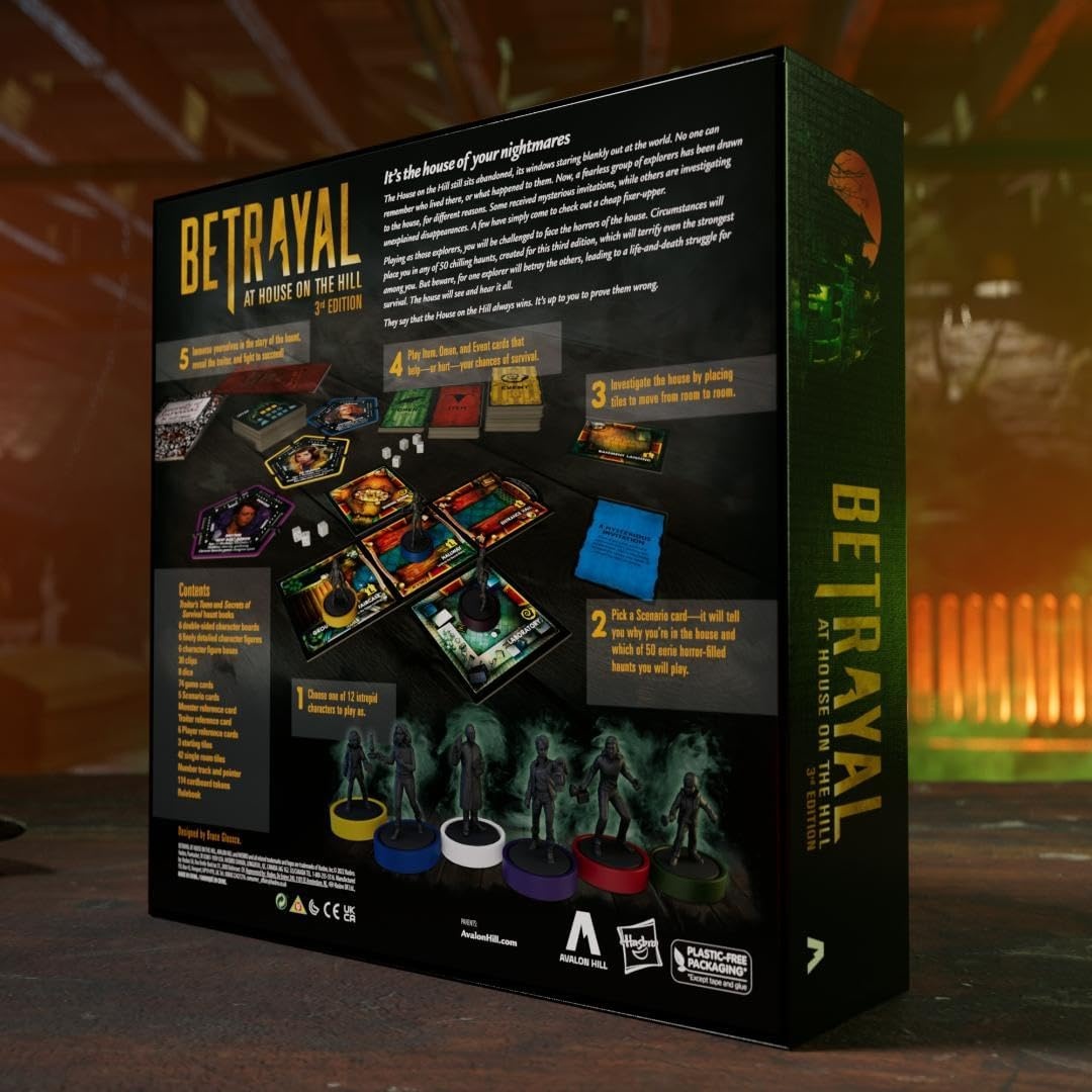 image:imageHasbro Gaming Avalon Hill Betrayal at The House on The Hill 3rd Edition Cooperative Board GameAges 12 and Up36 Players50 Chilling ScenariosBetrayal at House on the Hill