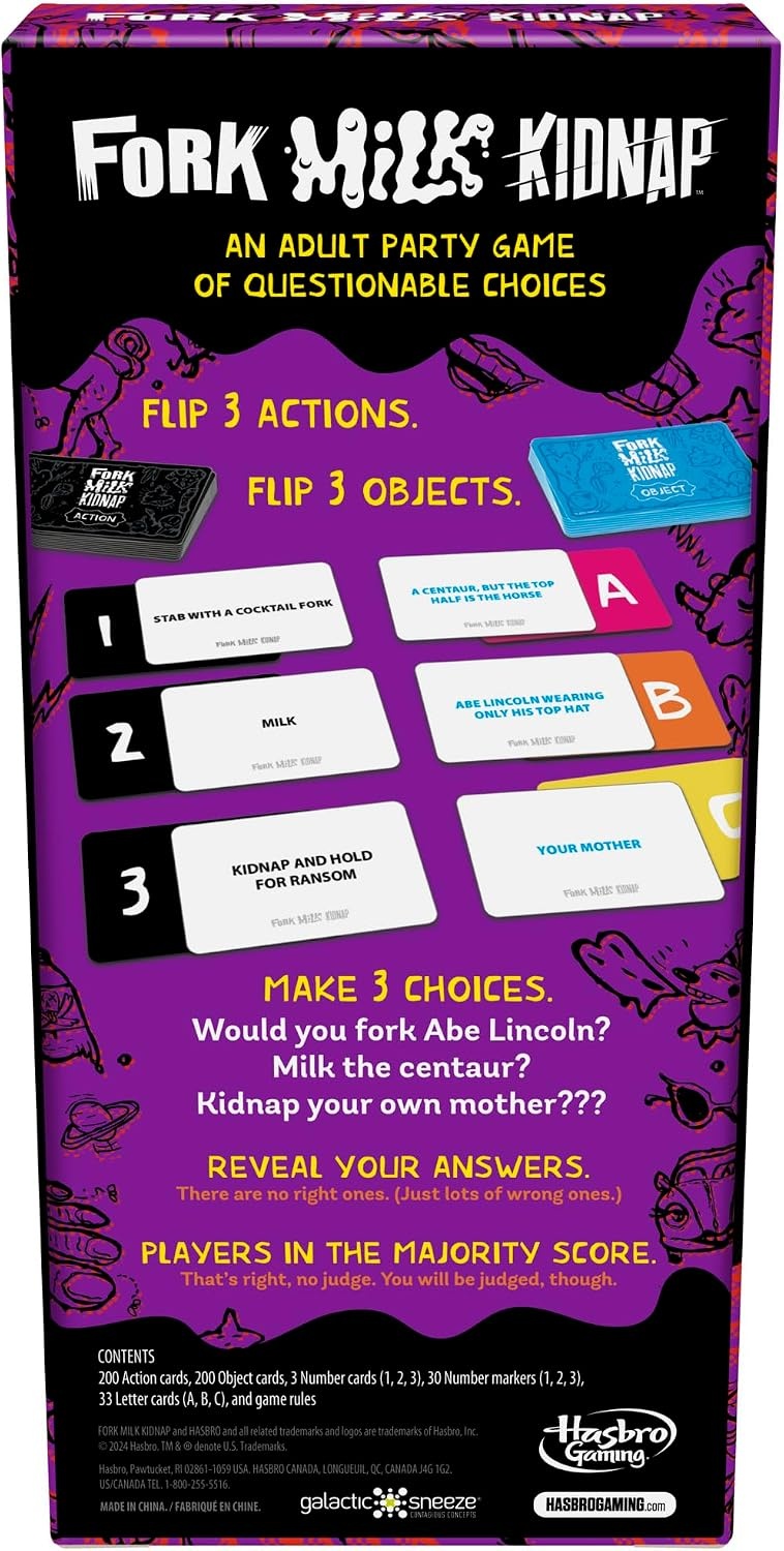 image:imageHasbro Gaming Fork Milk Kidnap Game for Adults Only an Adult Party Game of Questionable Choices Ages 17 for 3 to 10 Players Hilarious NSFW Card GamesMulticolor