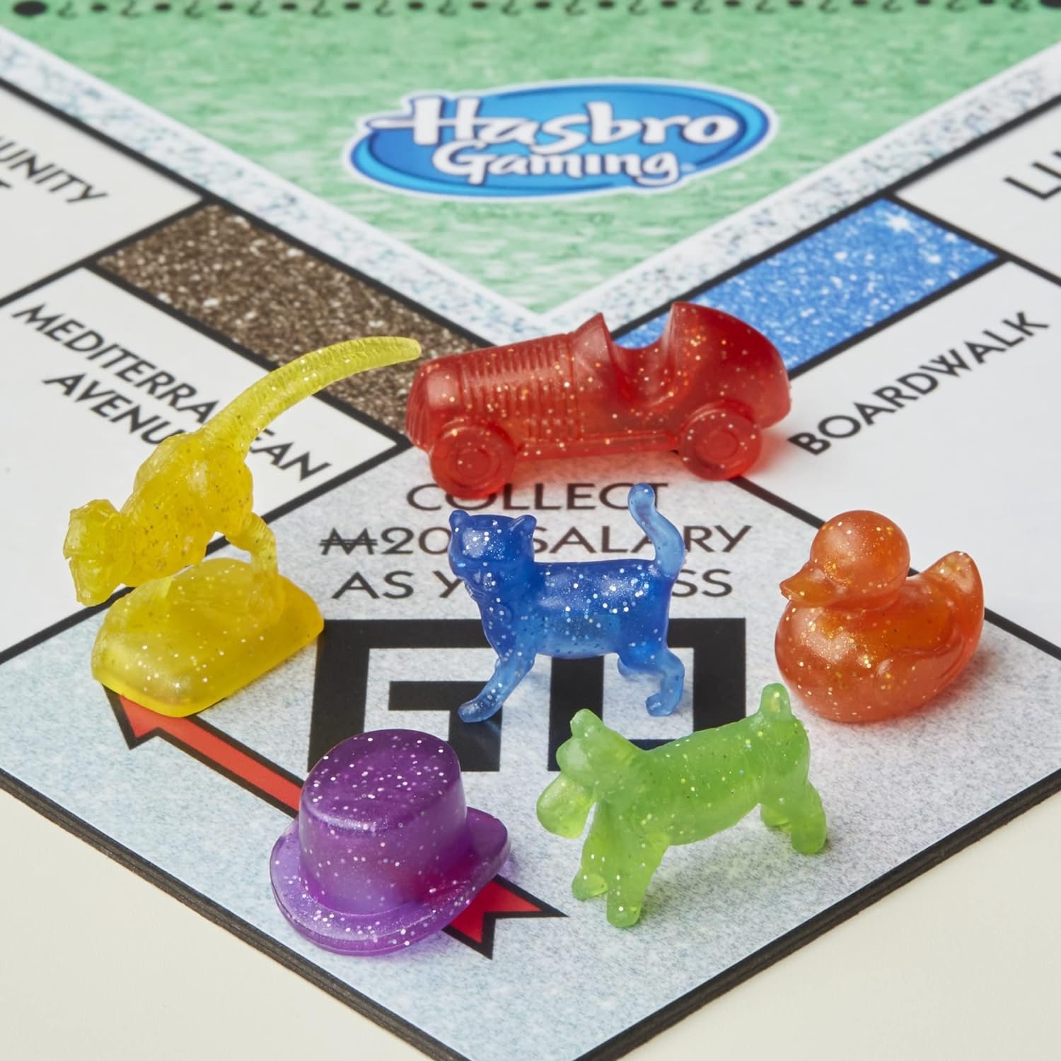 image:imageHasbro Gaming Monopoly Sparkle Edition Board Game Family Games with Glittery Tokens Pearlescent Dice Sparkly Look Amazon Exclusive