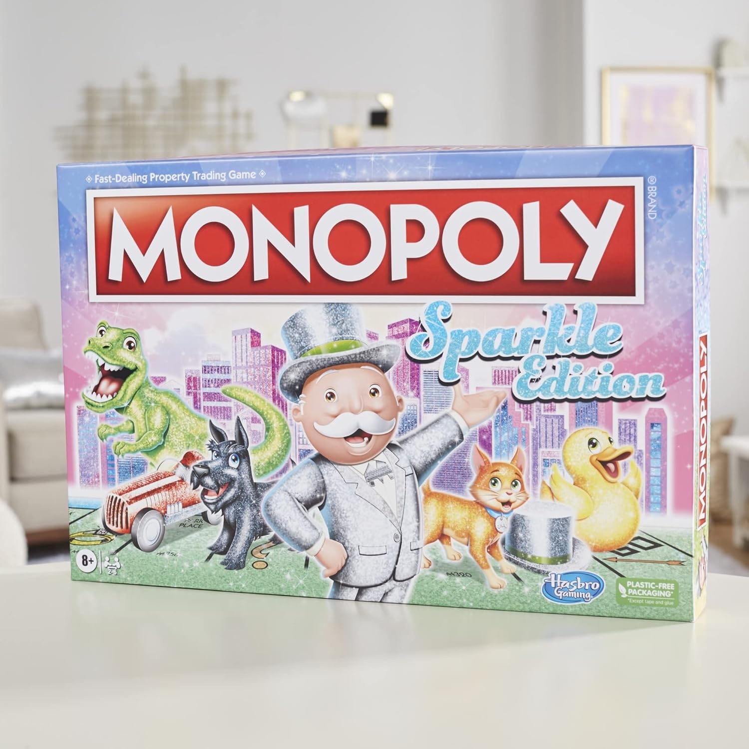 image:imageHasbro Gaming Monopoly Sparkle Edition Board Game Family Games with Glittery Tokens Pearlescent Dice Sparkly Look Amazon Exclusive