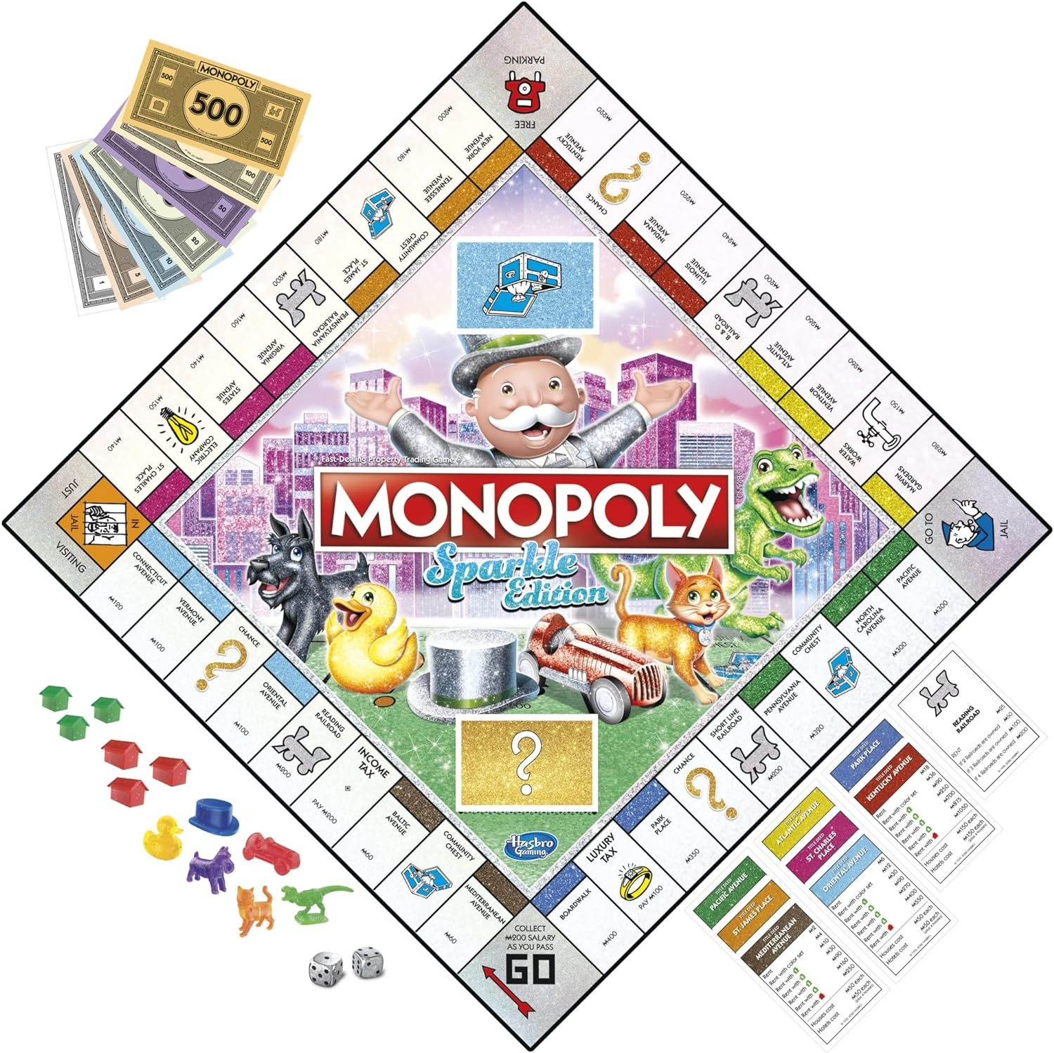 image:imageHasbro Gaming Monopoly Sparkle Edition Board Game Family Games with Glittery Tokens Pearlescent Dice Sparkly Look Amazon Exclusive