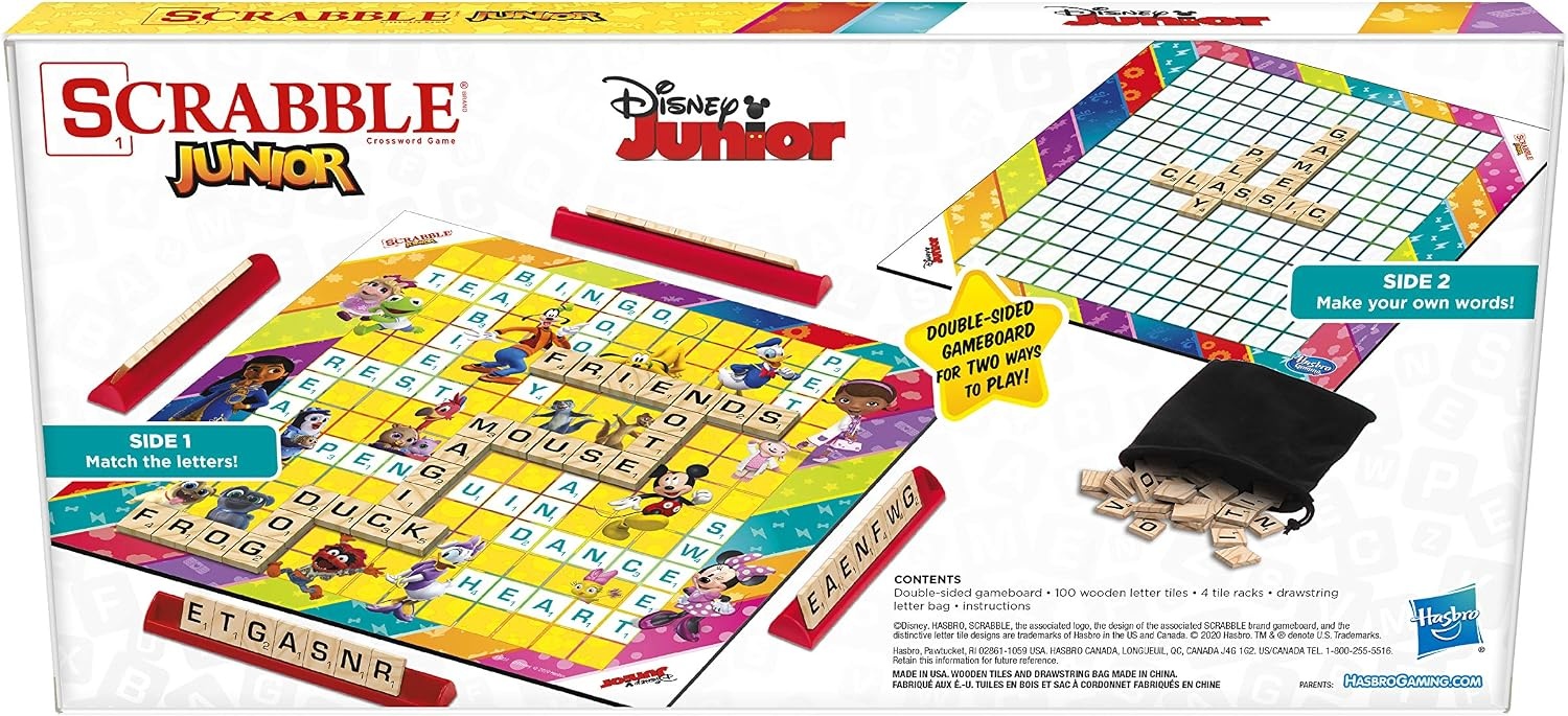image:imageHasbro Gaming Scrabble Junior Disney Junior Edition Board Game for Kids Double Sided Game Board Matching Word Game Back to School Gifts Ages 5 Amazon ExclusiveDisney Junior