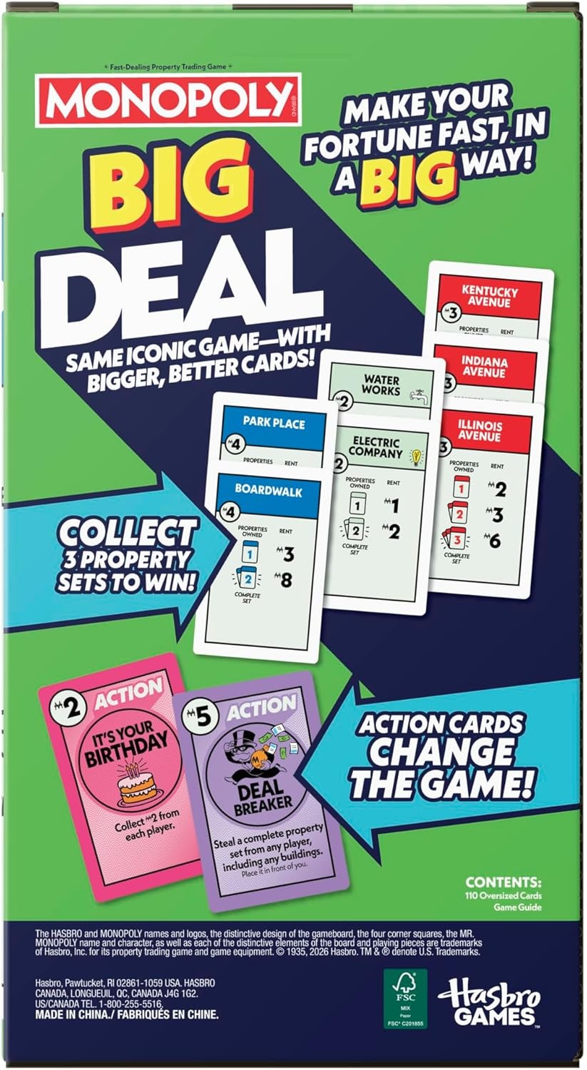image:imageMonopoly Big Deal Card Game Oversized Giant Large Cards for Family Fun Ages 8 2 to 5 Players 15 Mins Travel Games for Kids and Adults