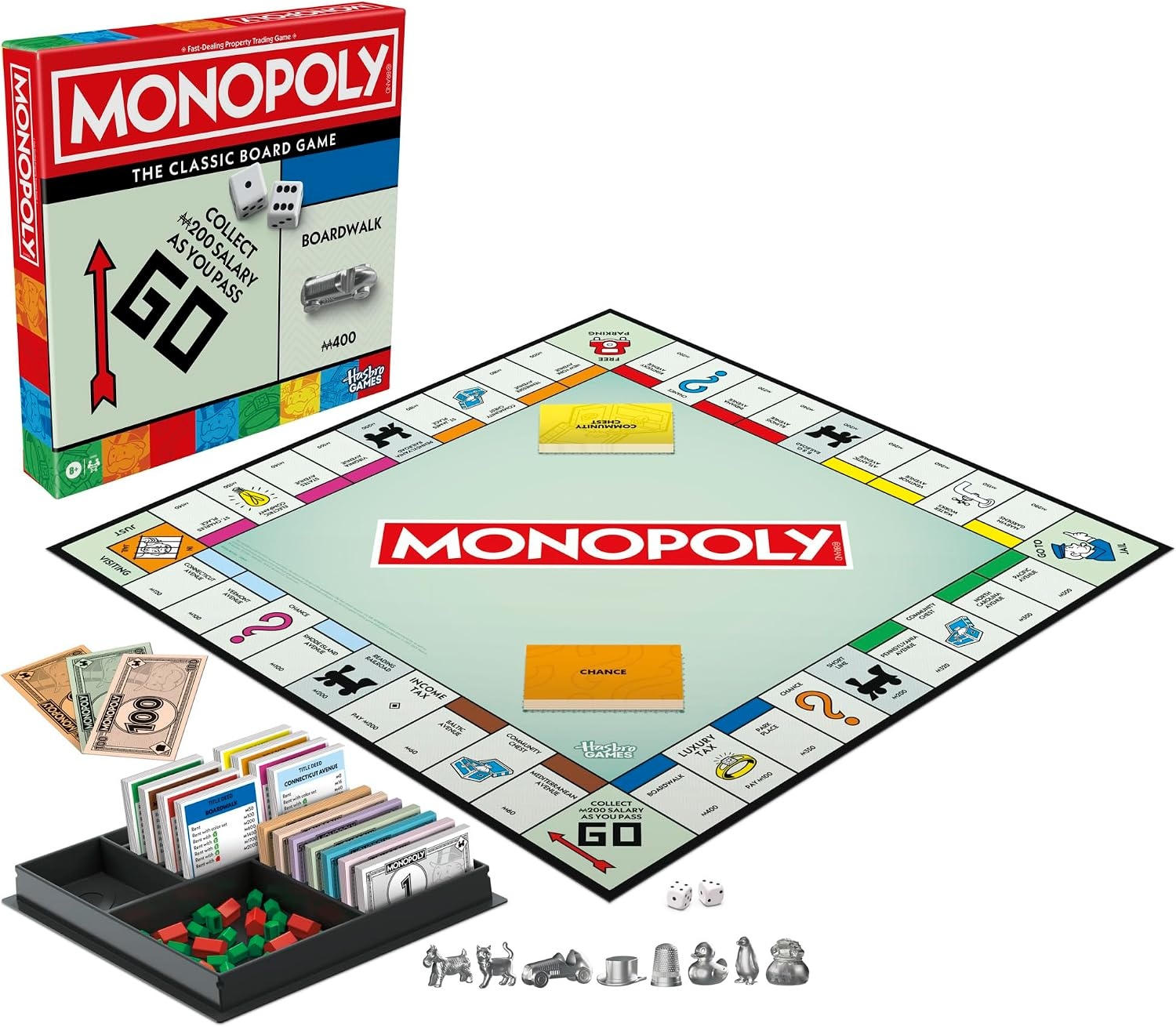 image:imageMonopoly Board Game Classic Game with Storage Tray and Larger Tokens Ages 8 2 to 6 Players Family Games for Kids and Adults Kids GiftsMonopoly