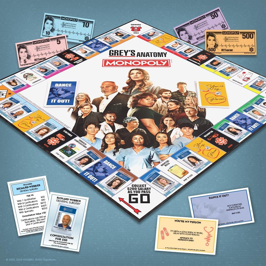 image:imageMonopoly Greys Anatomy Board Game Featuring Ferry Boat Clipboard Scrub Top and More Buy Sell Trade Iconic Doctors from Miranda Bailey to Meredith Grey Officially Licensed Collectible