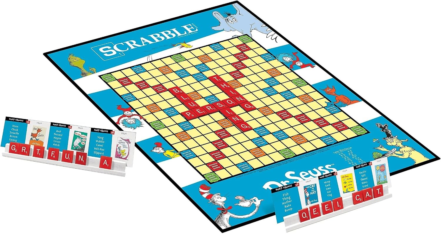 image:imageScrabble Dr Seuss Board Game Official Scrabble Game with a Rhyming Twist Custom Dr Seuss Cards and Themed Scrabble Board Bonus Points Play Traditional Rules Plus New Features