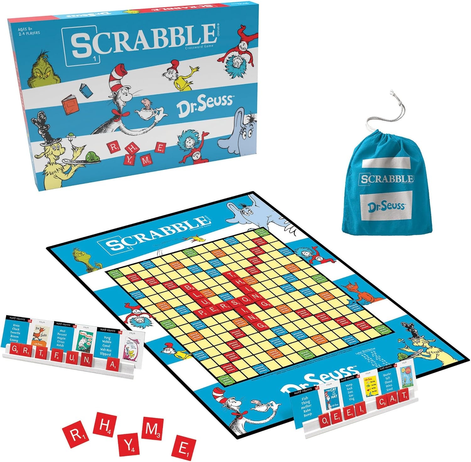 image:imageScrabble Dr Seuss Board Game Official Scrabble Game with a Rhyming Twist Custom Dr Seuss Cards and Themed Scrabble Board Bonus Points Play Traditional Rules Plus New Features