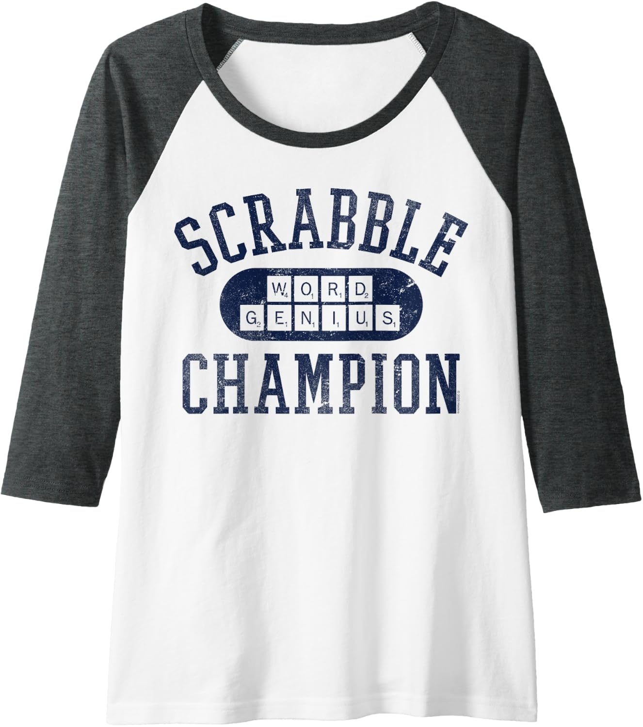 image:imageScrabble Word Genius Scrabble Champion Raglan Baseball TeeDark Heather GreyWhite