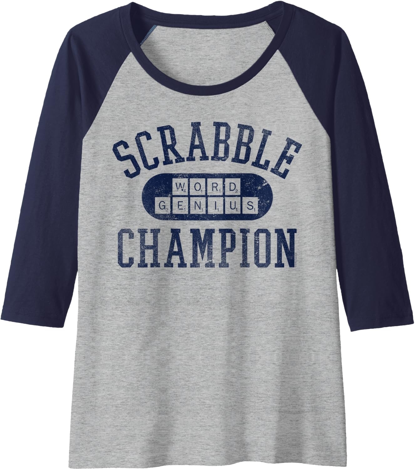 image:imageScrabble Word Genius Scrabble Champion Raglan Baseball TeeNavy BlueAthletic Heather
