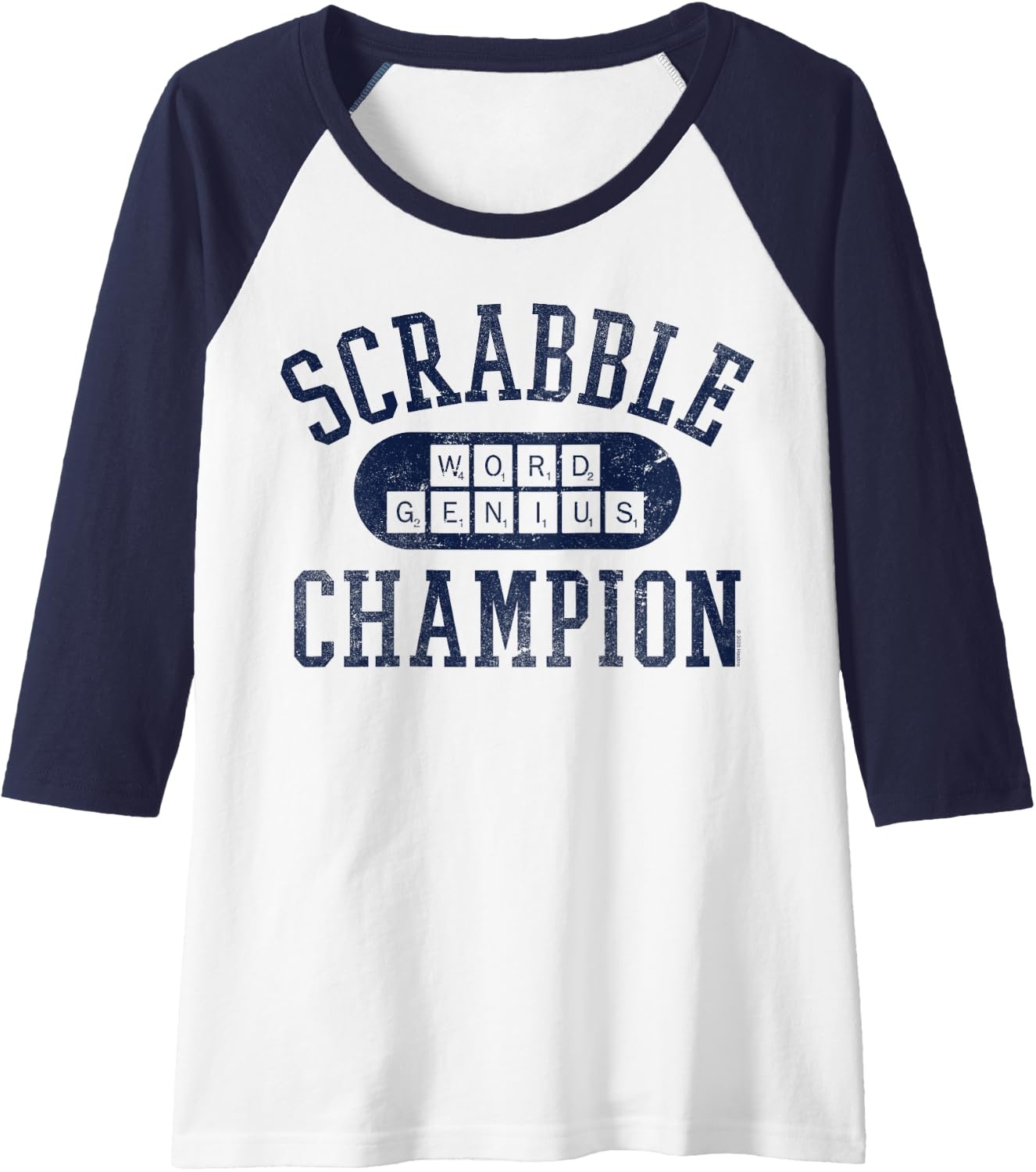 image:imageScrabble Word Genius Scrabble Champion Raglan Baseball TeeNavy BlueWhite
