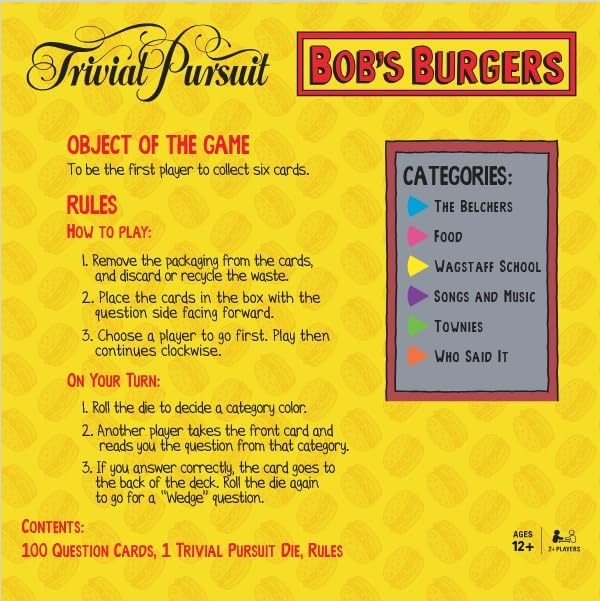 image:imageTrivial Pursuit Bobs Burgers BiteSized Edition Trivia Game Test Your Belcher Knowledge Covering The First 9 Seasons 600 Questions in 6 Categories Officially Licensed Merchandise amp Collectible