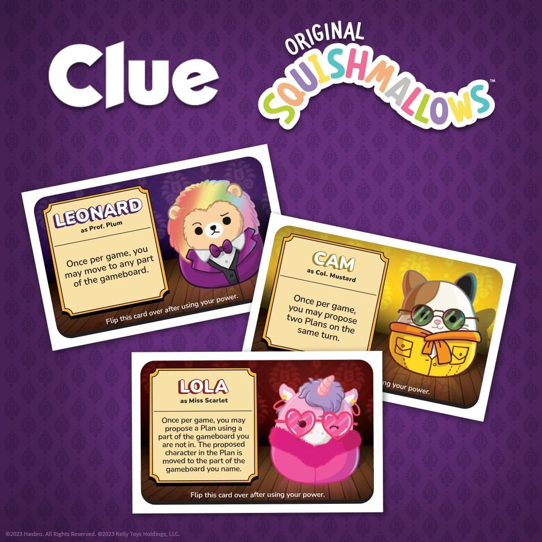 image:imageUSAOPOLY CLUE Squishmallows Board Game Official Squishmallows Merchandise Collectible Clue Game Featuring Cam Emily Leonard Lola and More