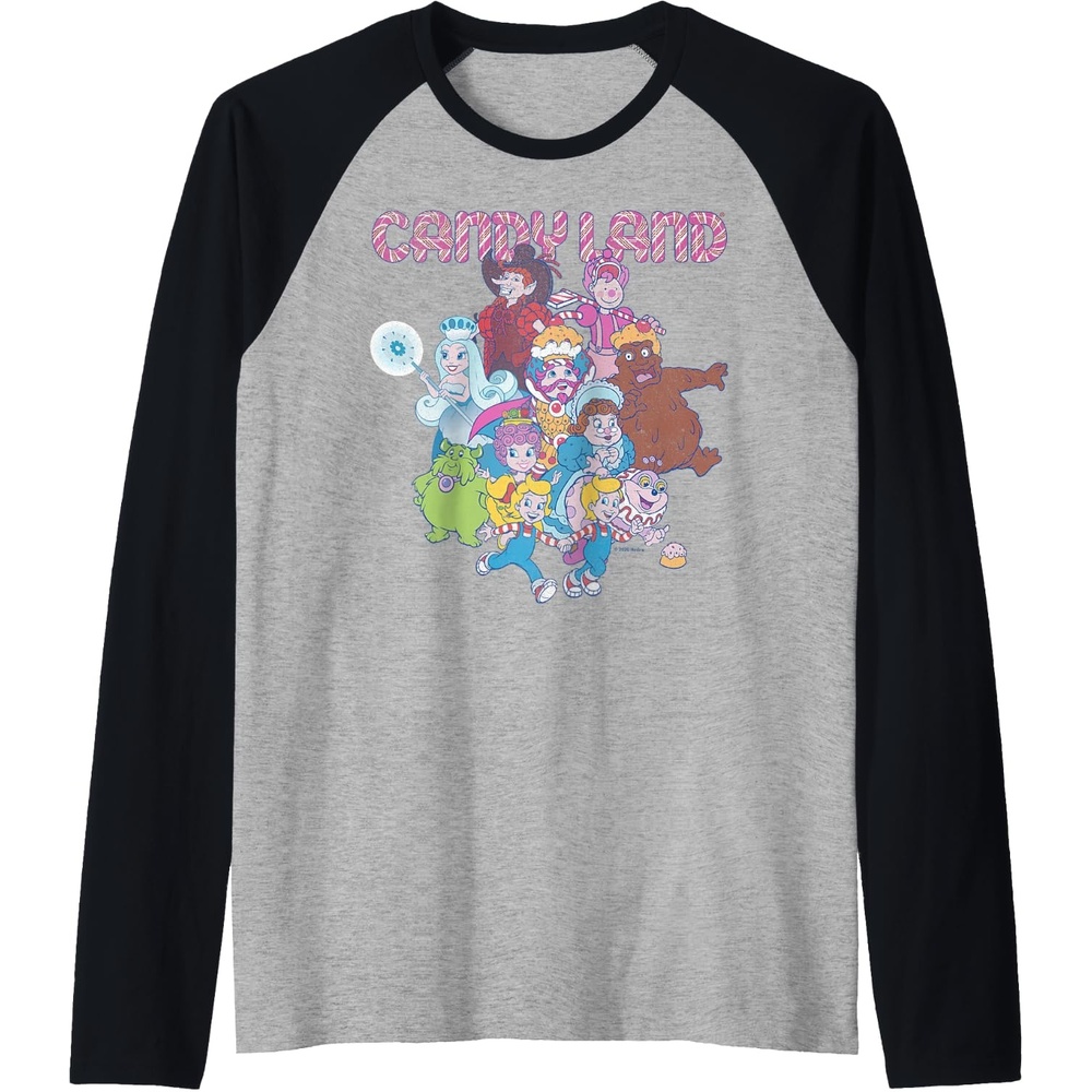 image:imageCandy Land Retro Game Characters Group Shot Logo Raglan Baseball TeeBlackAthletic Heather