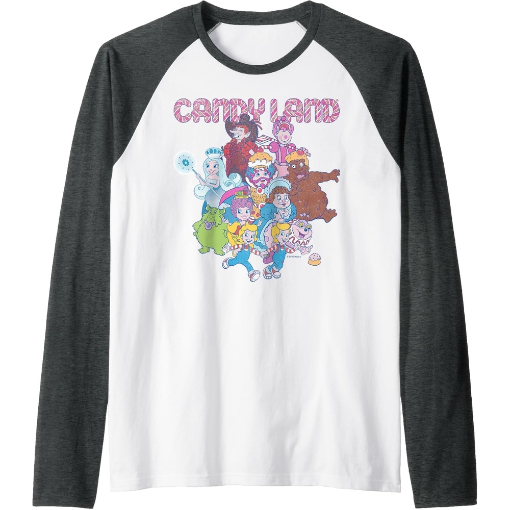 image:imageCandy Land Retro Game Characters Group Shot Logo Raglan Baseball TeeDark Heather GreyWhite