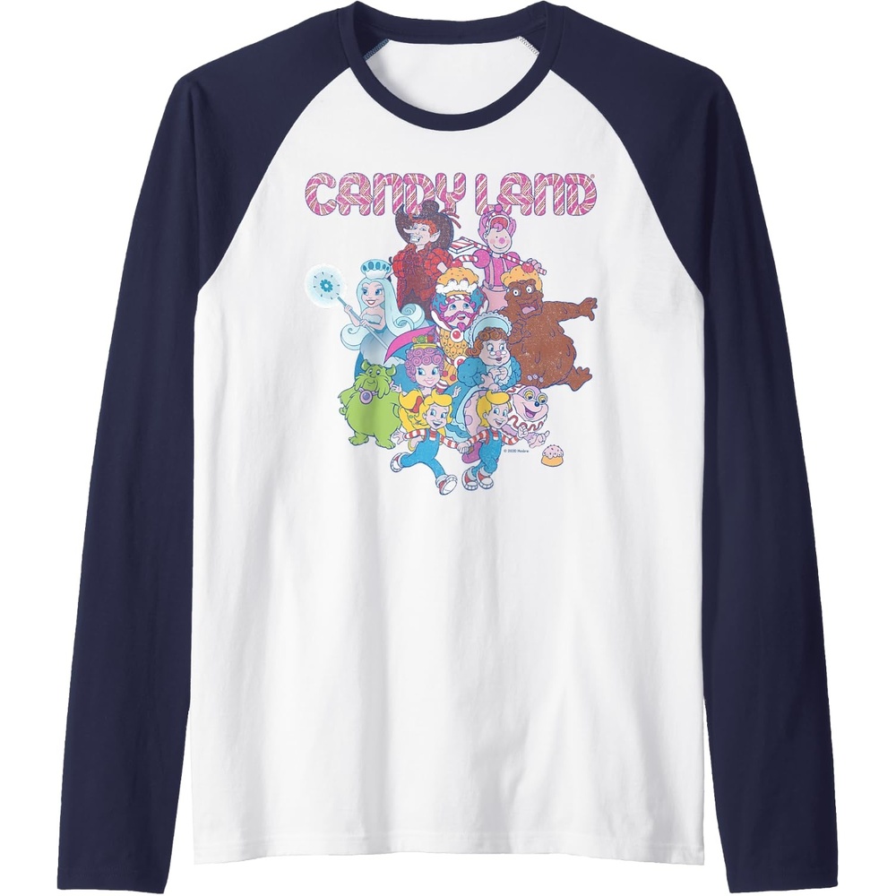image:imageCandy Land Retro Game Characters Group Shot Logo Raglan Baseball TeeNavy BlueWhite