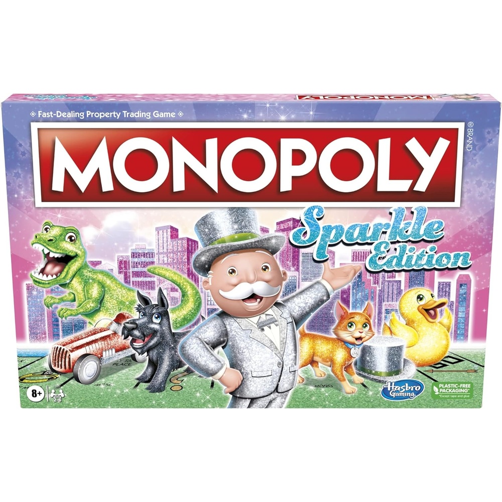 image:imageHasbro Gaming Monopoly Sparkle Edition Board Game Family Games with Glittery Tokens Pearlescent Dice Sparkly Look Amazon Exclusive