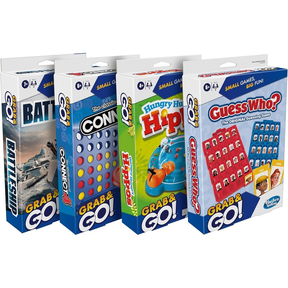 image:imageHasbro Grab and Go Bundle 4 Pack Kids Travel Board Games Battleship Connect 4 Guess Who Hungry Hungry Hippos Games 2 Players Easter Gift for Kids Ages 7