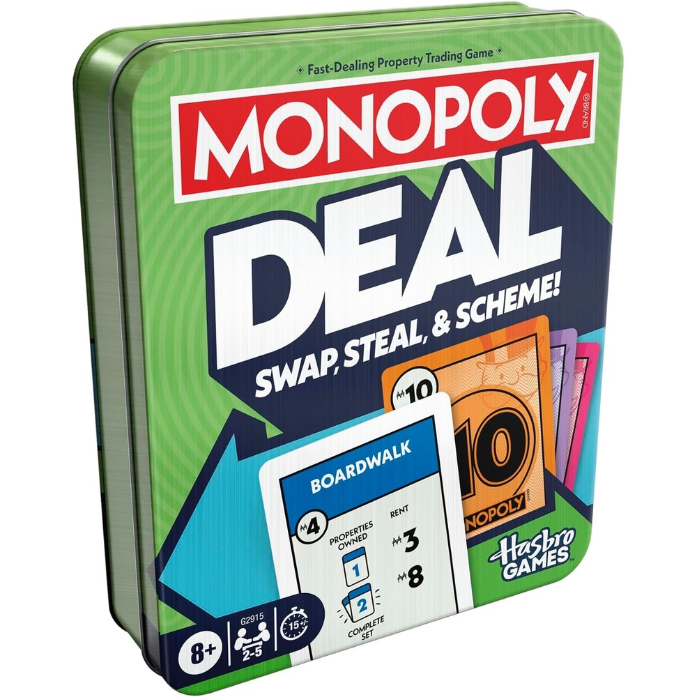 image:imageMonopoly Deal Card Game in Collectible Storage Tin  Ages 8  25 Players  15 Mins  Fun Family Games for Kids Teens and Adults  Travel Games Amazon Exclusive