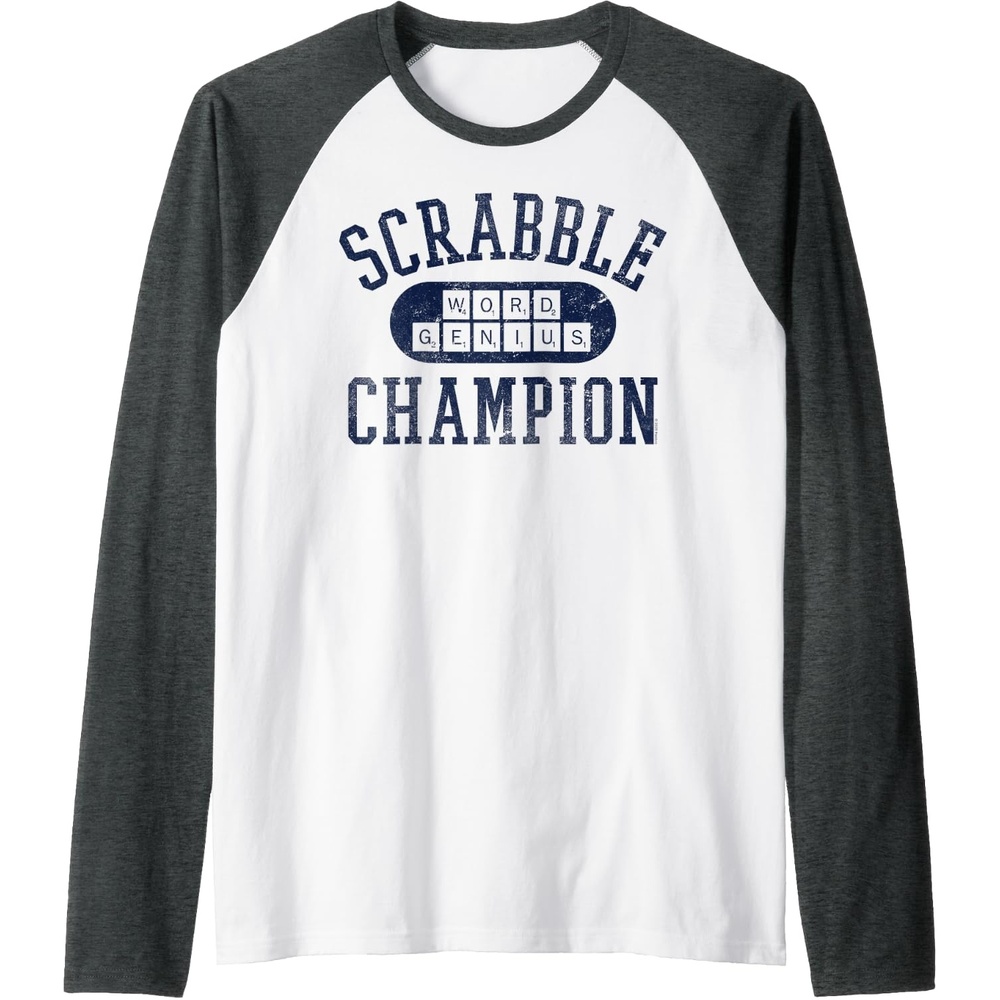 image:imageScrabble Word Genius Scrabble Champion Raglan Baseball TeeDark Heather GreyWhite