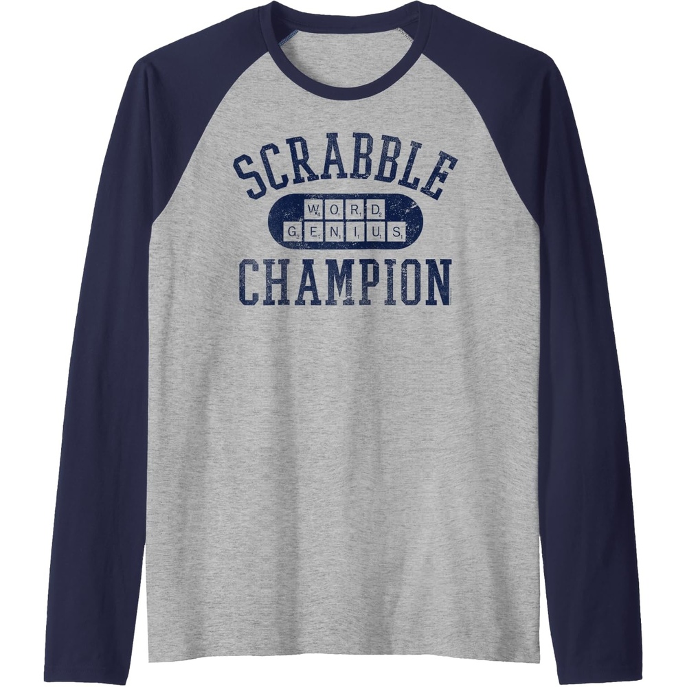 image:imageScrabble Word Genius Scrabble Champion Raglan Baseball TeeNavy BlueAthletic Heather