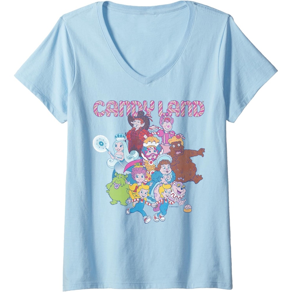 image:imageWomens Candy Land Retro Game Characters Group Shot Logo VNeck TShirtBaby Blue