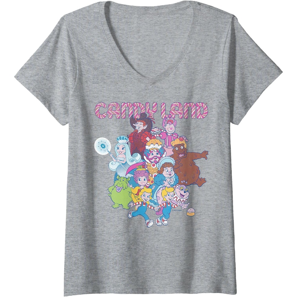 image:imageWomens Candy Land Retro Game Characters Group Shot Logo VNeck TShirtHeather Grey