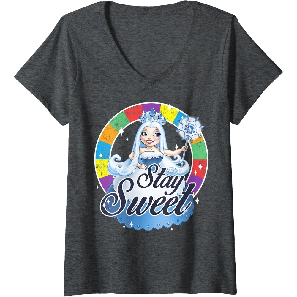image:imageWomens Candy Land Stay Sweet Princess Frostine Game Wheel Logo VNeck TShirtDark Heather Grey