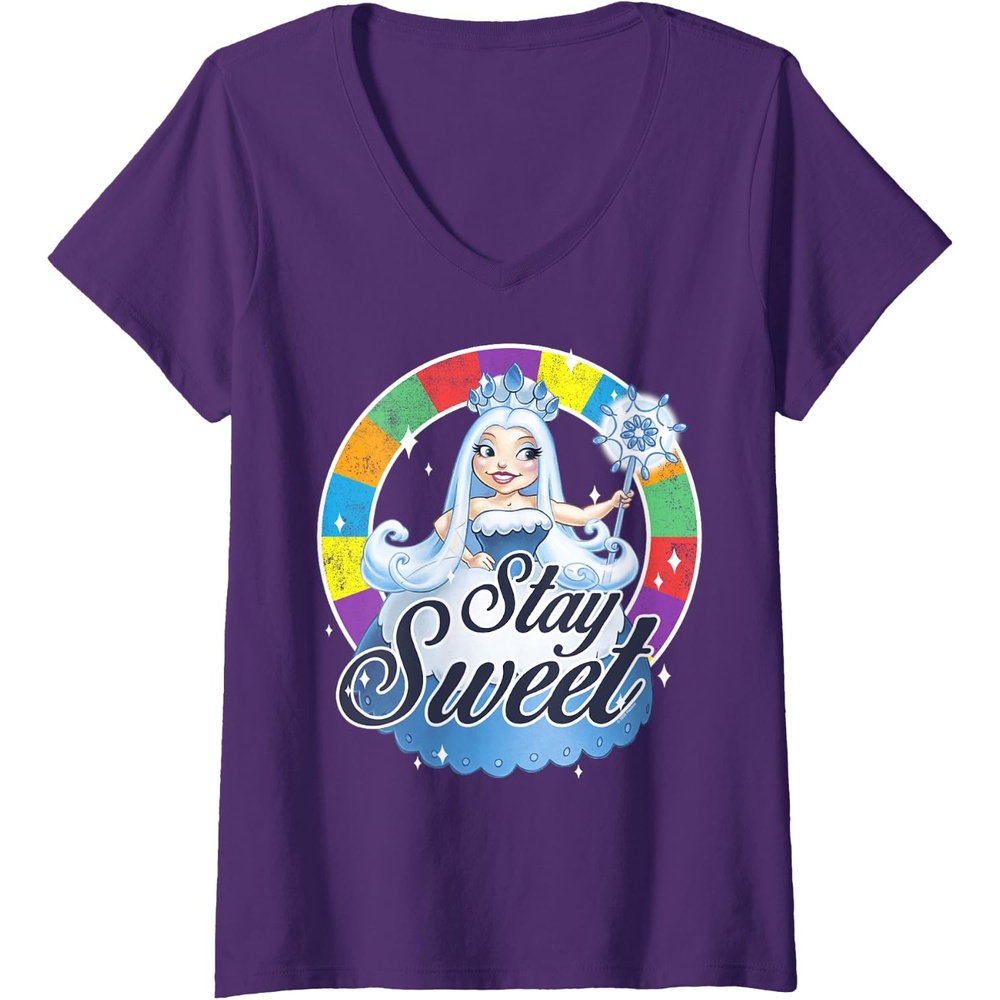 image:imageWomens Candy Land Stay Sweet Princess Frostine Game Wheel Logo VNeck TShirtPurple
