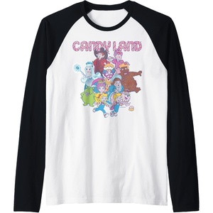 Candy Land Retro Game Characters Group Shot Logo Raglan Baseball Tee(Black/White)