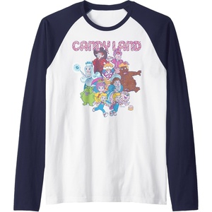Candy Land Retro Game Characters Group Shot Logo Raglan Baseball Tee(Navy Blue/White)