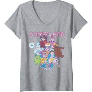 Womens Candy Land Retro Game Characters Group Shot Logo V-Neck T-Shirt(Heather Grey)