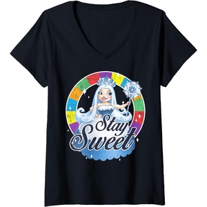 Womens Candy Land Stay Sweet Princess Frostine Game Wheel Logo V-Neck T-Shirt(Black)