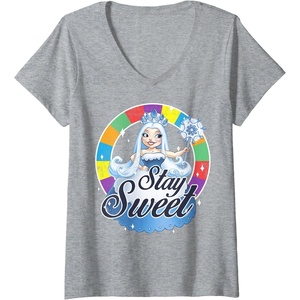 Womens Candy Land Stay Sweet Princess Frostine Game Wheel Logo V-Neck T-Shirt(Heather Grey)