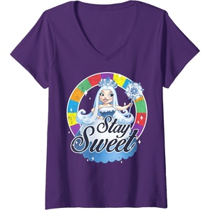 Womens Candy Land Stay Sweet Princess Frostine Game Wheel Logo V-Neck T-Shirt(Purple)