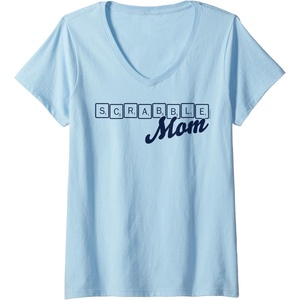 Womens Scrabble Mother’s Day Mom Tiles Logo V-Neck T-Shirt(Baby Blue)