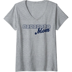 Womens Scrabble Mother’s Day Mom Tiles Logo V-Neck T-Shirt(Heather Grey)