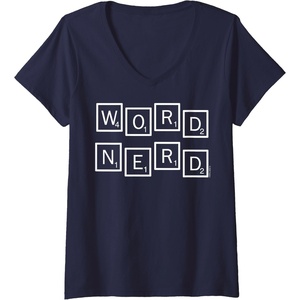Womens Scrabble Word Nerd Tiles V-Neck T-Shirt(Navy Blue)