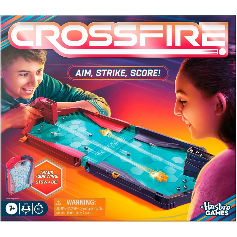 image:imageHasbro Gaming Crossfire Game  Indoor Active Game for Kids and Teens  2 Blasters Marbles Arena  Fun Family Board Games  2 Players  10 Mins  Ages 7
